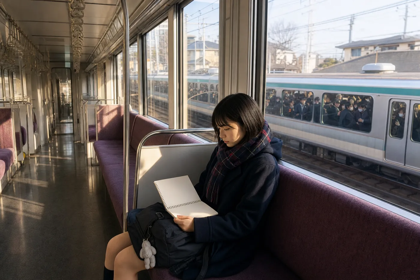 冬の朝、空いている下りの電車で受験生が座ってノートを見ている。窓の外を通る反対方向の電車は通勤客で混んでいる写真風のイメージ(AI生成)