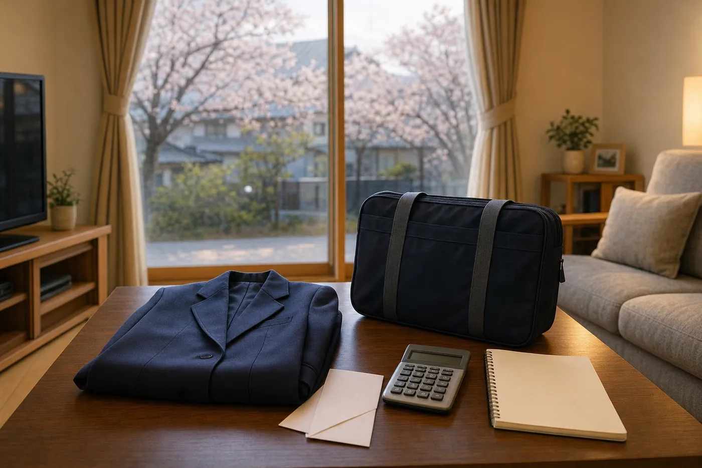 桜が見える春の居間のテーブルに、たたんだ紺の制服のブレザーと通学かばん、白い封筒、電卓、白紙のノートが置かれている写真風のイメージ(AI生成)