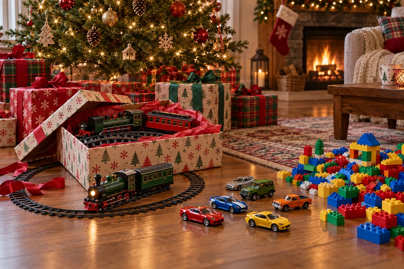 クリスマスツリーの下に、開けたプレゼントの箱とおもちゃの汽車のレール、色とりどりのミニカー、ブロックが並ぶイメージ(AI生成)