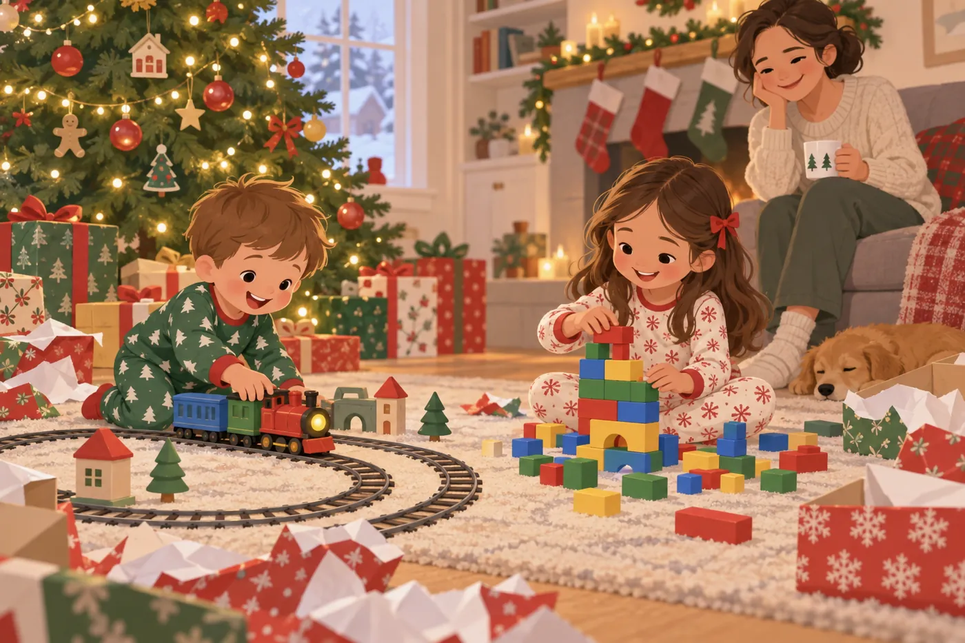 クリスマスの朝、ツリーのそばで小さな男の子がおもちゃの汽車を走らせ、女の子がブロックを積み、母親が笑顔で見守るイラスト(AI生成)