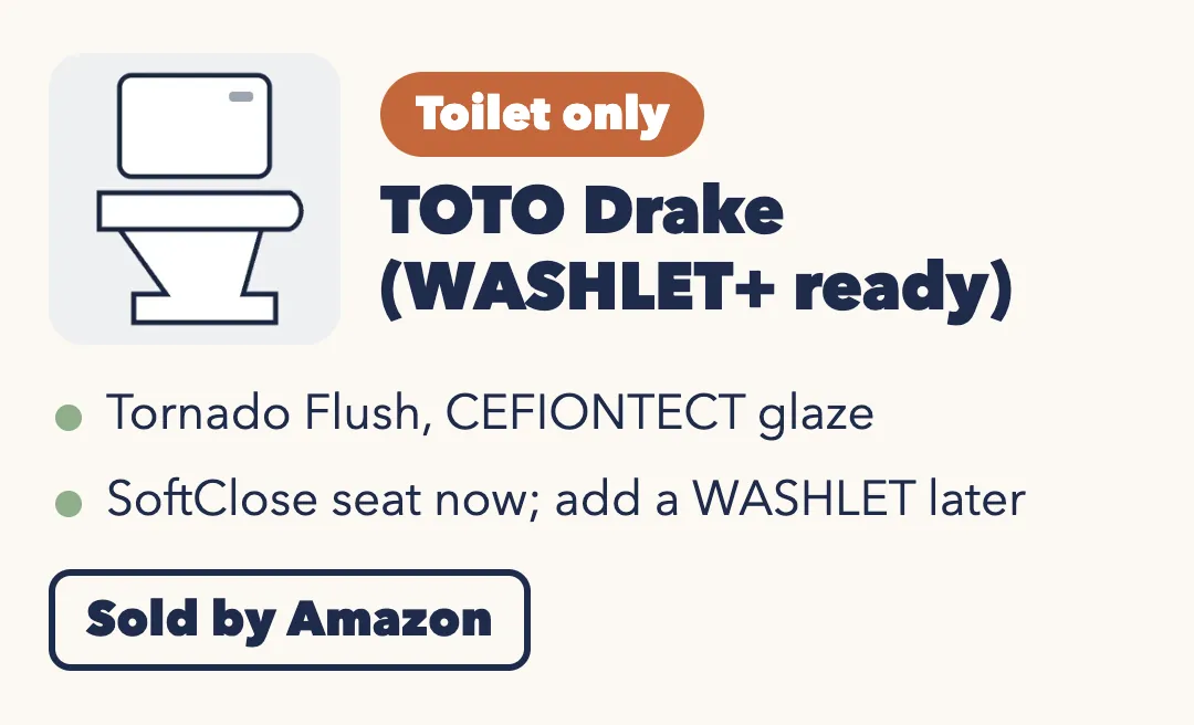 Drawing of a white two-piece toilet. TOTO Drake, WASHLET+ ready, toilet only: Tornado Flush and CEFIONTECT glaze; comes with a SoftClose seat now, add a WASHLET later. Sold by Amazon.