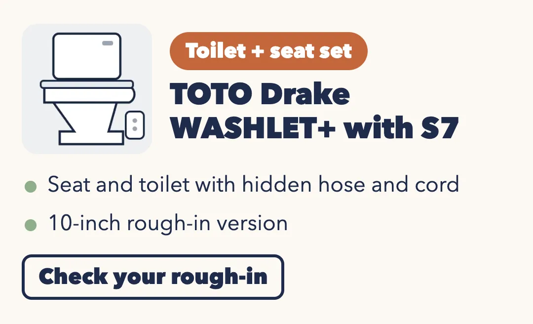 Drawing of a white two-piece toilet with a bidet seat and a wireless remote. TOTO Drake WASHLET+ with S7, toilet and seat set: hidden hose and cord; 10-inch rough-in version. Check your rough-in.