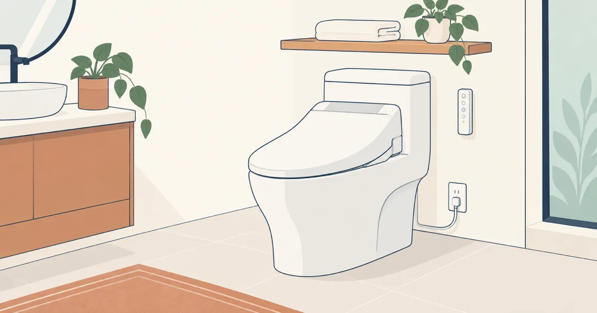 A bright bathroom with a toilet fitted with an electronic bidet seat, a slim remote on the wall and a power outlet beside the toilet (AI-generated illustration)