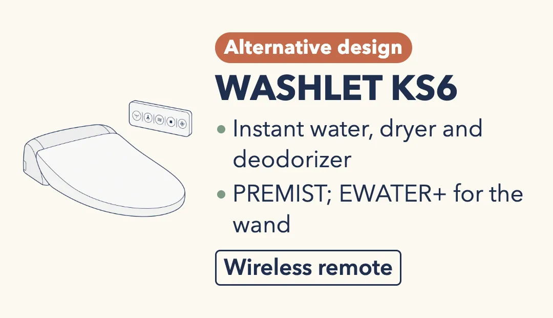 Drawing of the TOTO WASHLET KS6, a white elongated bidet seat with a separate wireless remote. Alternative design. Instant water, dryer and deodorizer; PREMIST, and EWATER+ for the wand.