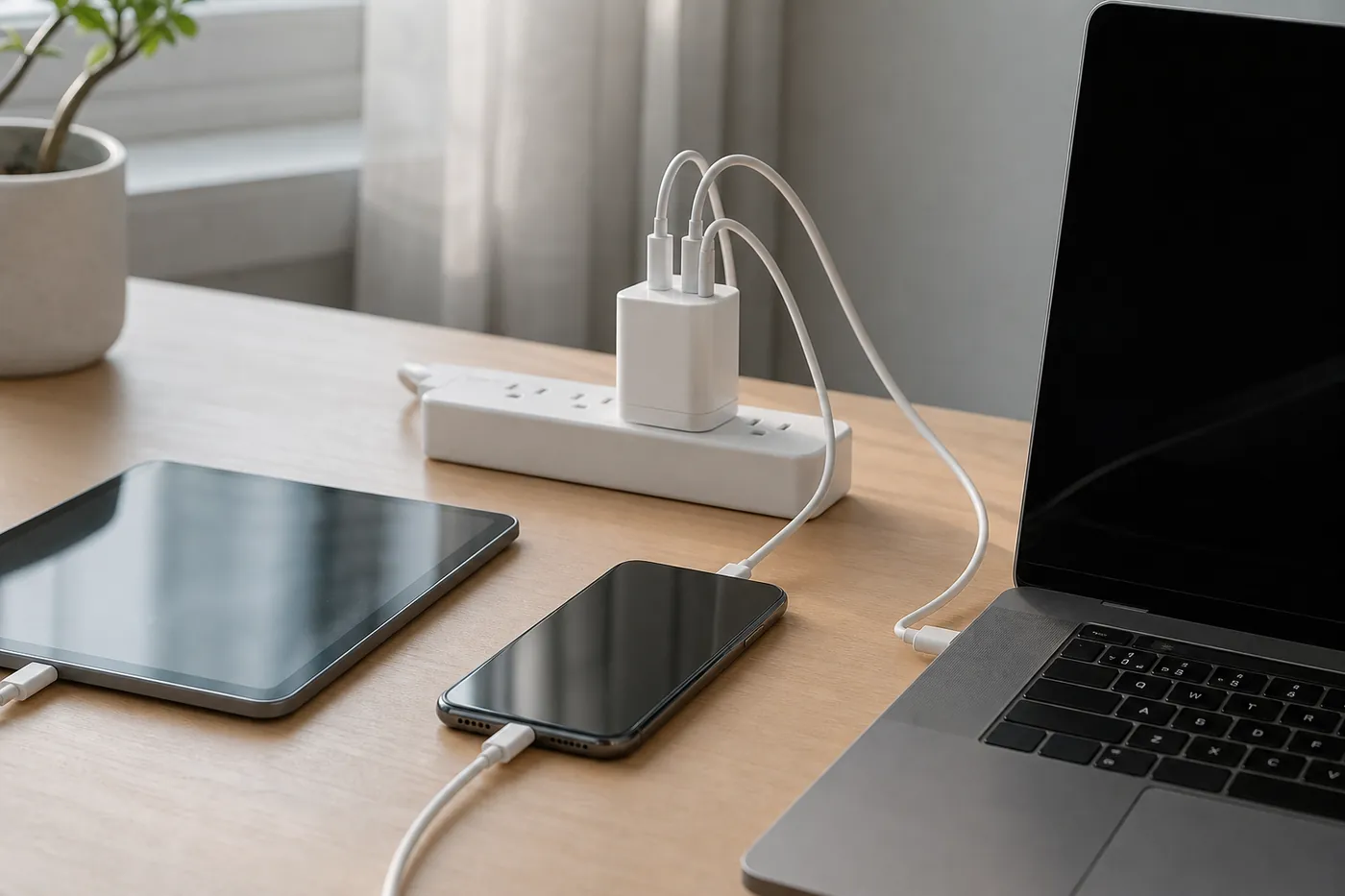 電源タップに挿した小さなUSB-C充電器から、ノートパソコン、スマートフォン、タブレットにケーブルが伸びている写真風のイメージ(AI生成)