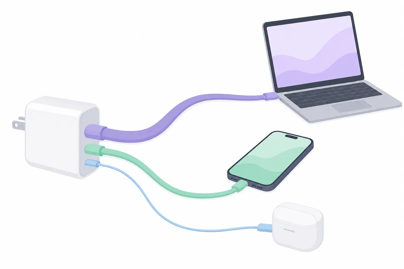 充電器からノートパソコン、スマートフォン、イヤホンにケーブルが分かれ、ノートパソコンへのケーブルがいちばん太く描かれたイラスト