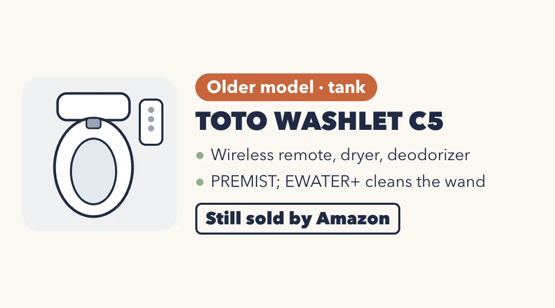Drawing of a white bidet seat with a separate wireless remote. TOTO WASHLET C5, older model, tank: wireless remote, dryer and deodorizer; PREMIST, and EWATER+ cleans the wand. Still sold by Amazon.
