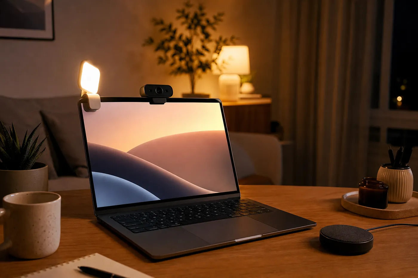 夜の部屋の机で、上にWebカメラとクリップ式ライトを付けたノートパソコンと、丸いスピーカーフォンが置かれている写真風のイメージ(AI生成)