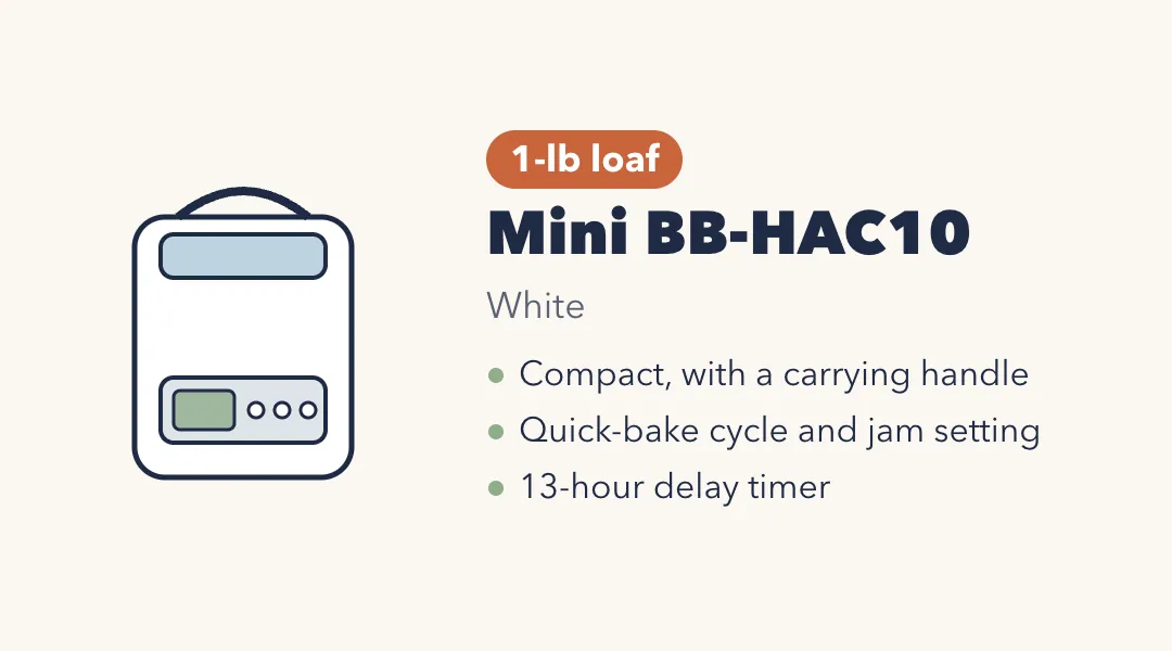 Drawing of the Zojirushi Mini BB-HAC10, a small tall white bread maker with a carrying handle, window and control panel. 1-lb loaf. Compact with a carrying handle; quick-bake cycle and jam setting; 13-hour delay timer.