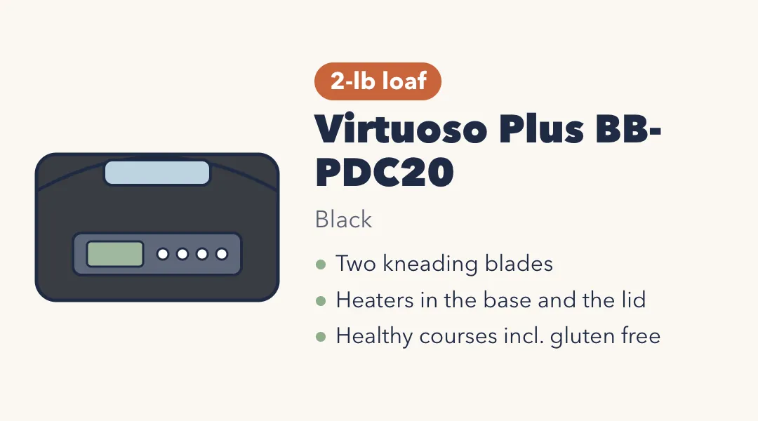 Drawing of the Zojirushi Virtuoso Plus BB-PDC20, a wide black bread maker with a window on the lid and a control panel. 2-lb loaf. Two kneading blades; heaters in the base and the lid; healthy courses including gluten free.