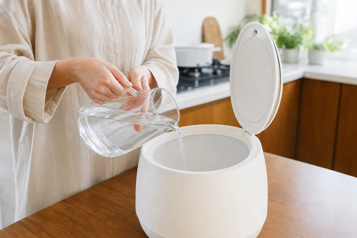キッチンで、ふたを開けたポット型の加湿器の広い口に、ピッチャーで水を注いでいる写真風のイメージ