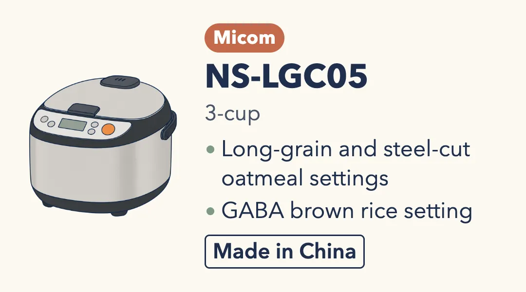 Drawing of the Zojirushi NS-LGC05, a compact stainless steel rice cooker with black trim. Micom, 3-cup. Long-grain and steel-cut oatmeal settings; GABA brown rice setting. Made in China.