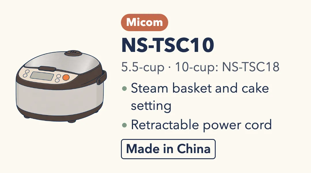 Drawing of the Zojirushi NS-TSC10, a wide oval rice cooker with stainless steel sides, dark brown trim and a beige control panel. Micom, 5.5-cup (10-cup: NS-TSC18). Steam basket and cake setting; retractable power cord. Made in China.