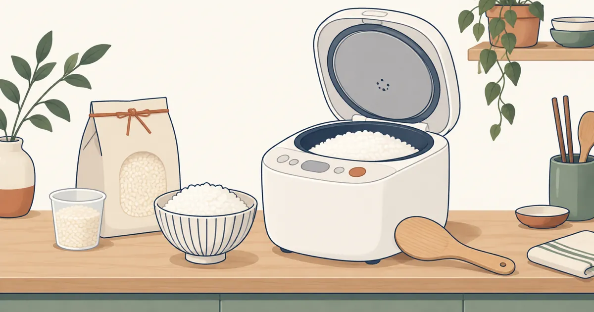 An electric rice cooker with its lid open on a kitchen counter, next to a bowl of rice, a bag of rice and a measuring cup (AI-generated illustration)